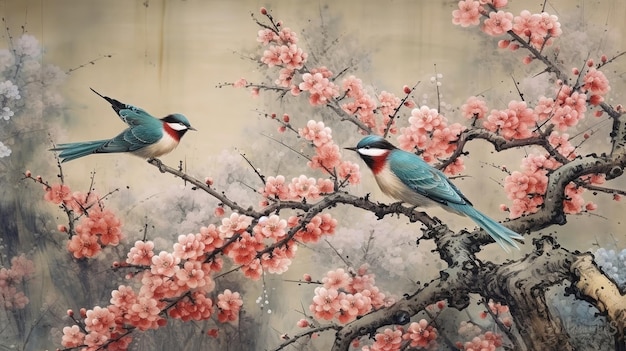 Una pintura de dos pájaros en una rama con flores rosas.
