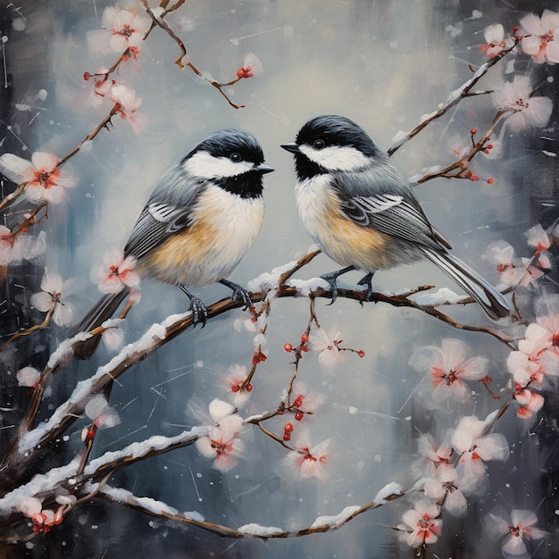pintura de dos pájaros sentados en una rama de un árbol en la nieve ai generativo