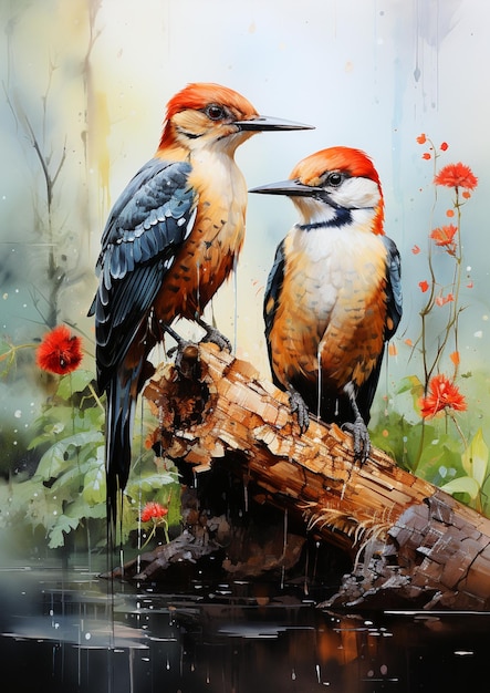 Pintura de dos pájaros sentados en una rama bajo la lluvia generativa ai