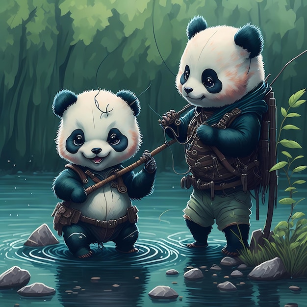 Una pintura de dos pandas en un bosque.