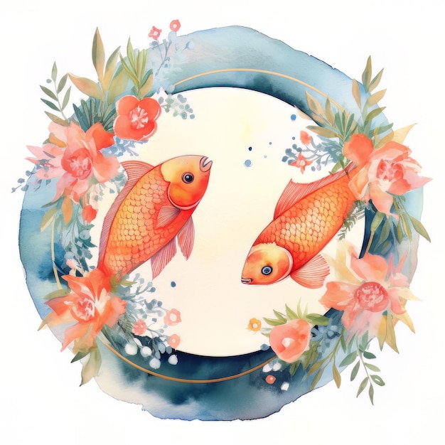 Una pintura de dos peces en círculo con flores y las palabras "koi" en la parte inferior.