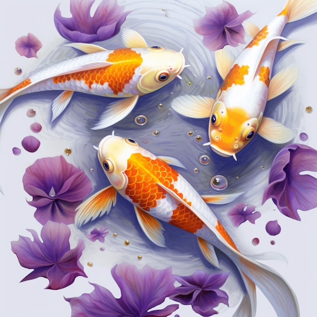 Una pintura de dos peces koi en una flor morada.