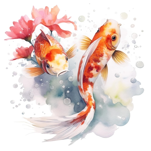 Una pintura de dos peces koi y una imagen de ai generativa de flores.