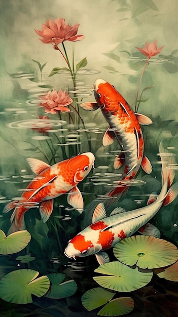 pintura de dos peces koi nadando en un estanque con nenúfares ai generativo