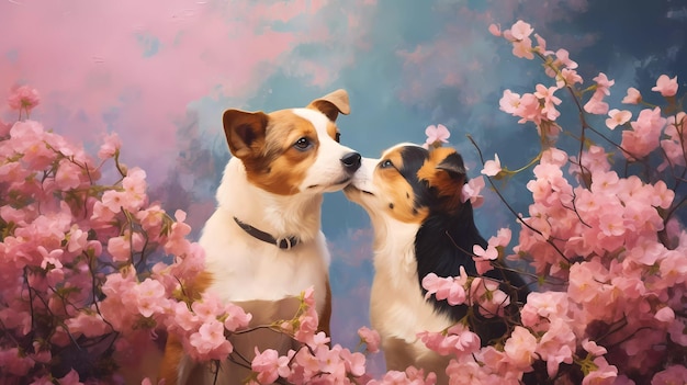 Una pintura de dos perros besándose en un jardín con flores.