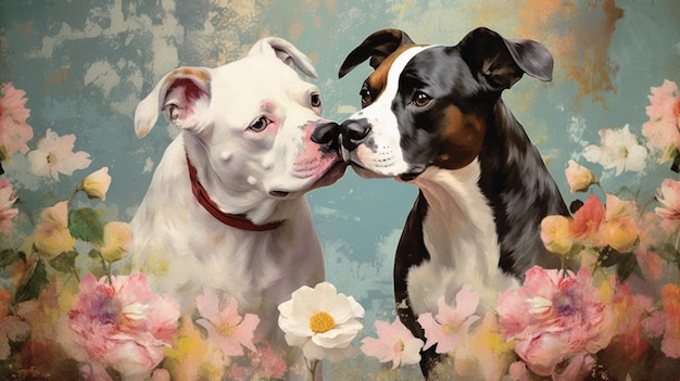 Una pintura de dos perros besándose en un jardín con flores.