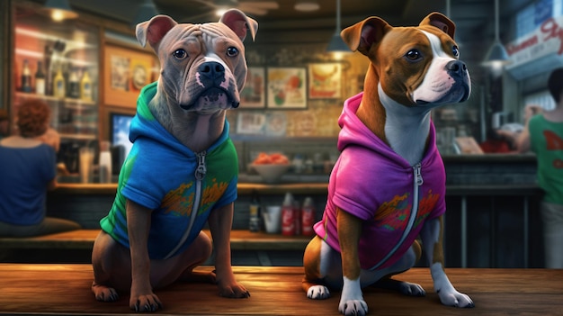 Una pintura de dos perros con sudaderas con capucha.