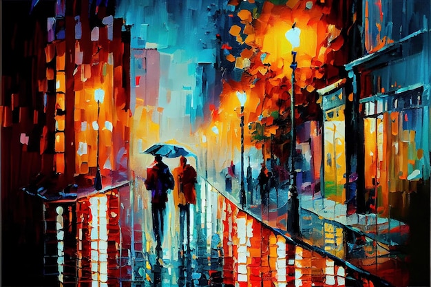Una pintura de dos personas caminando bajo la lluvia.