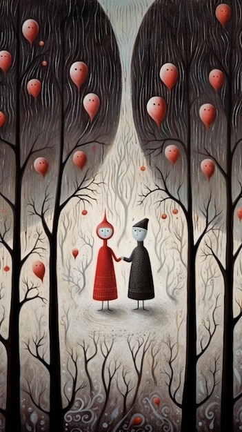 Una pintura de dos personas cogidas de la mano en un bosque con globos rojos.