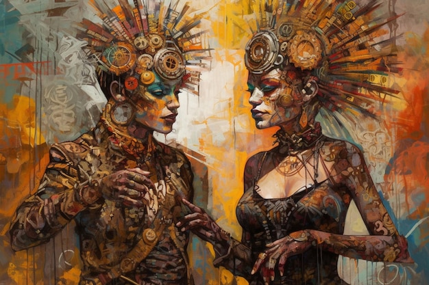 Una pintura de dos personas con engranajes en la cabeza y una de ellas tiene una cara que dice 'la palabra' en ella '