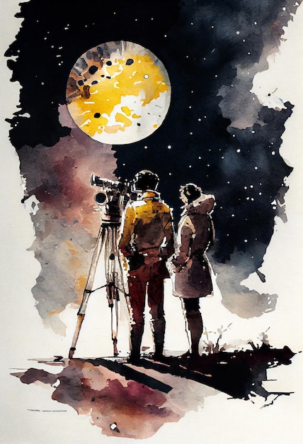 Una pintura de dos personas mirando una cámara con una luna llena de fondo.