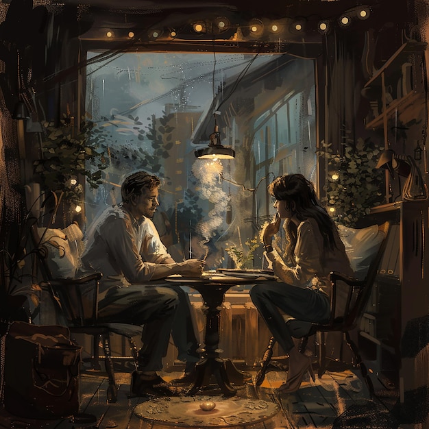 una pintura de dos personas sentadas en una mesa con una lámpara por encima de ellos