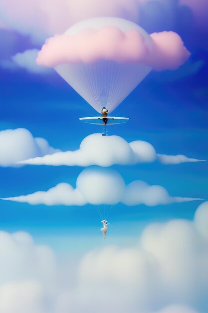 Una pintura de dos personas volando por encima de una nube con un avión volando por encima de ella.