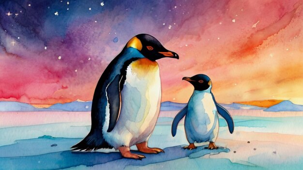 una pintura de dos pingüinos con un cielo púrpura