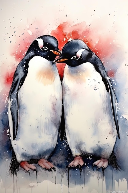 una pintura de dos pingüinos con un fondo rojo
