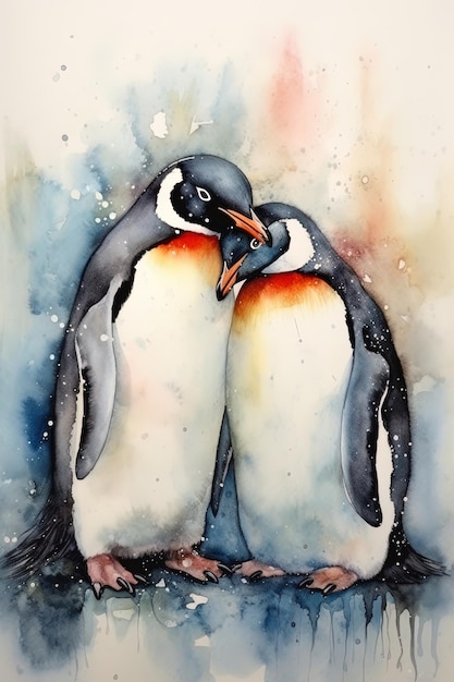 una pintura de dos pingüinos con la palabra "amor" en la parte inferior.