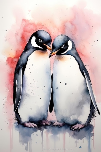 una pintura de dos pingüinos con las palabras "amor" en la parte inferior.