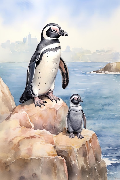 una pintura de dos pingüinos en una playa con el océano en el fondo.