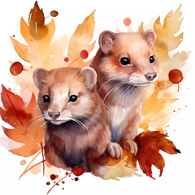 Una pintura de dos ratas con hojas de otoño.