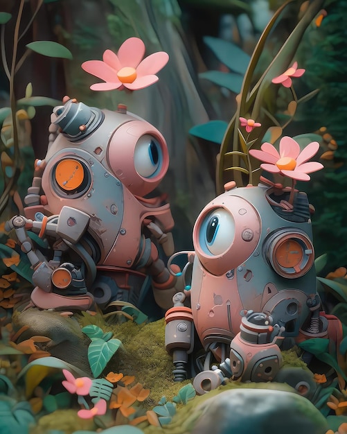 Una pintura de dos robots en un bosque con flores en el fondo.