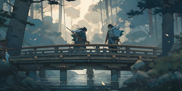 pintura de dos samuráis luchando en un puente un diseño generativo
