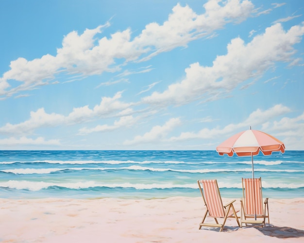 pintura de dos sillas y una sombrilla en una playa con el océano de fondo ai generativo