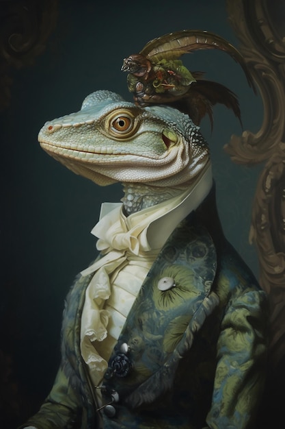 Una pintura de un dragón barbudo con traje y sombrero.