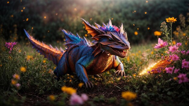 Foto una pintura de un dragón en un campo de flores