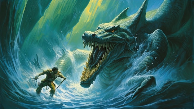 una pintura de un dragón y un dragón en el agua