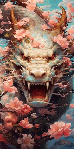 Una pintura de un dragón con flores rosas.