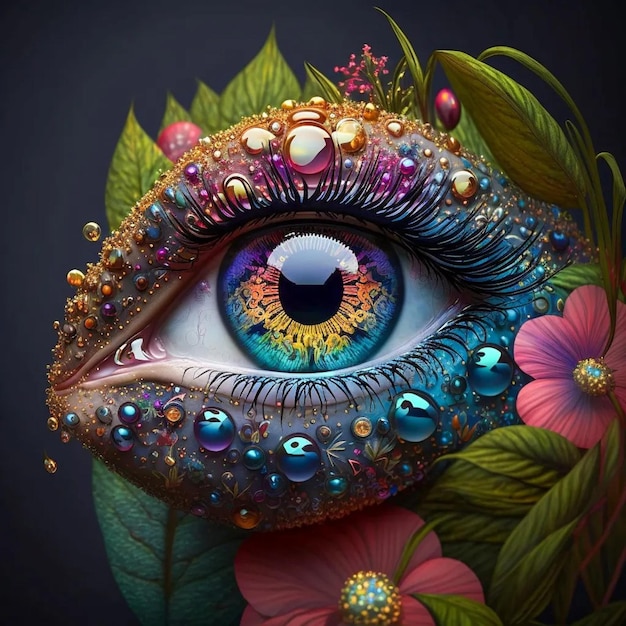 Una pintura de un dragón con un ojo azul y una hoja verde con cuentas doradas.