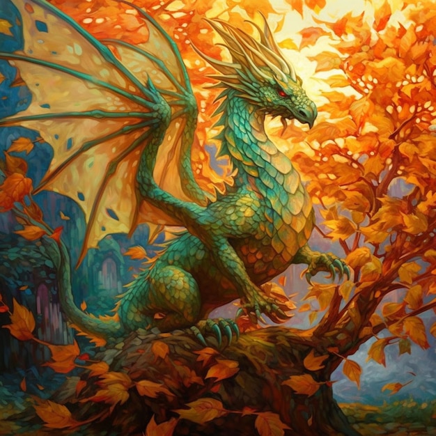 Pintura de un dragón sentado en una rama de un árbol en la caída generativa ai