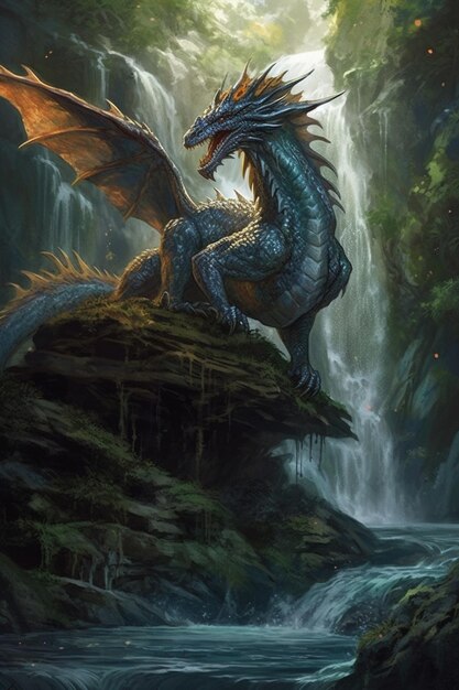 pintura de un dragón sentado sobre una roca frente a una cascada generativa ai