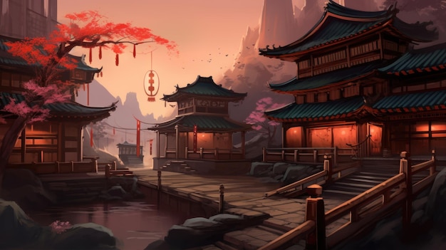 Una pintura de un edificio de estilo chino con un puente y una linterna.