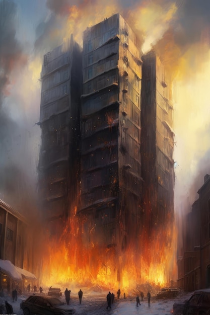 Una pintura de un edificio con la palabra fuego en él