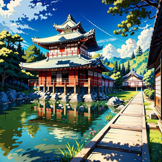 Una pintura de un edificio con un pequeño estanque frente a él.