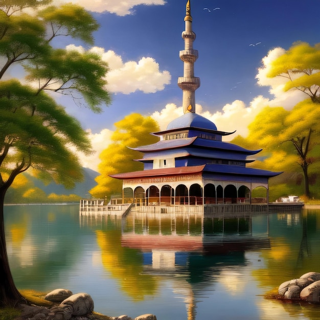 Foto una pintura de un edificio con un techo azul y una torre sobre el agua.