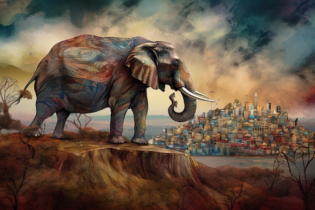 Una pintura de un elefante en un acantilado con una ciudad al fondo.