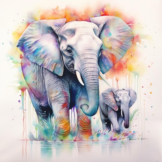 Una pintura de un elefante con un bebé elefante en él