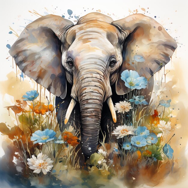 pintura de un elefante con colmillos y flores en primer plano ai generativo