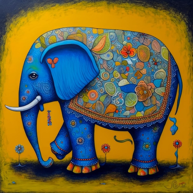 Pintura de un elefante con fondo amarillo IA generativa