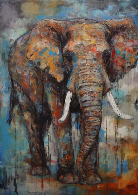 Una pintura de un elefante con un fondo azul y la palabra elefante en él.