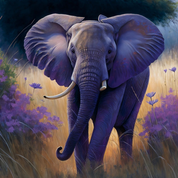 Una pintura de un elefante con un fondo morado y la palabra elefante en él.