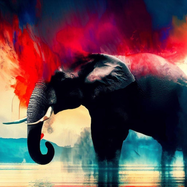 Una pintura de un elefante con un fondo rojo y azul.