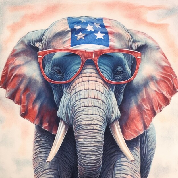 pintura de un elefante con gafas de sol y una bandera en la cabeza