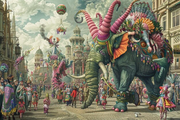 una pintura de un elefante con un gran tocado colorido en él