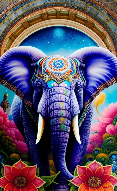 Una pintura de un elefante morado con un patrón de colores en la cara.