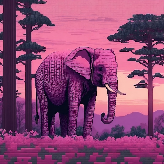 una pintura de un elefante con motivos rosas y morados