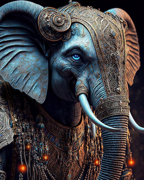 Una pintura de un elefante con un ojo azul.