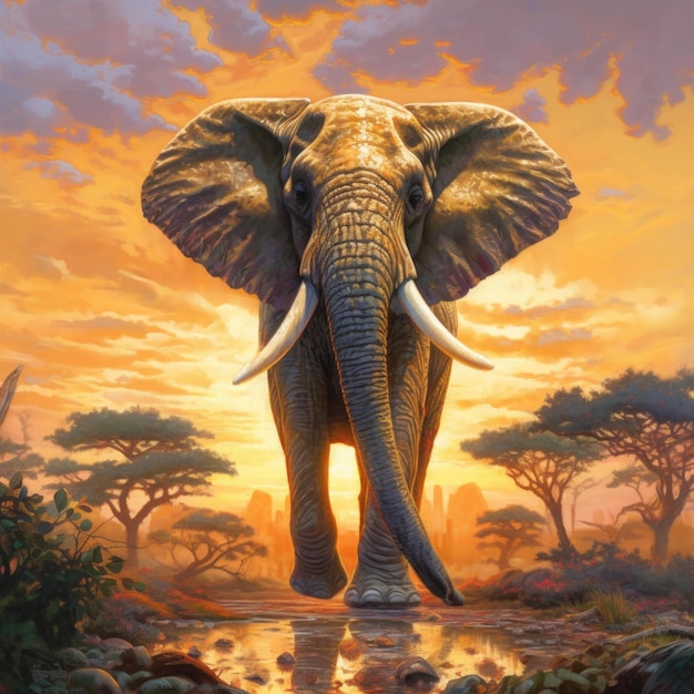 Una pintura de un elefante parado frente a una puesta de sol.